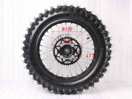 Колесо 14&quot; заднее в сборе (диск стальной + покрышка  кросс + торм. диск + звездочка) KAYO